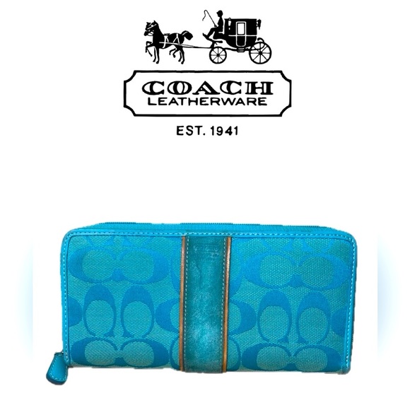 Coach Hampton Aqua “C” Signature Patina & Suede Continental Zip Vintage Wallet - Picture 1 of 16